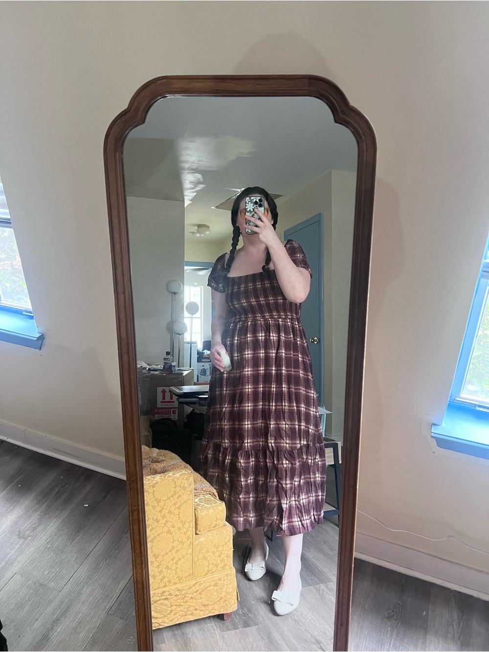 Blu Pepper Burgundy Plaid Square-Neck Midi Dress